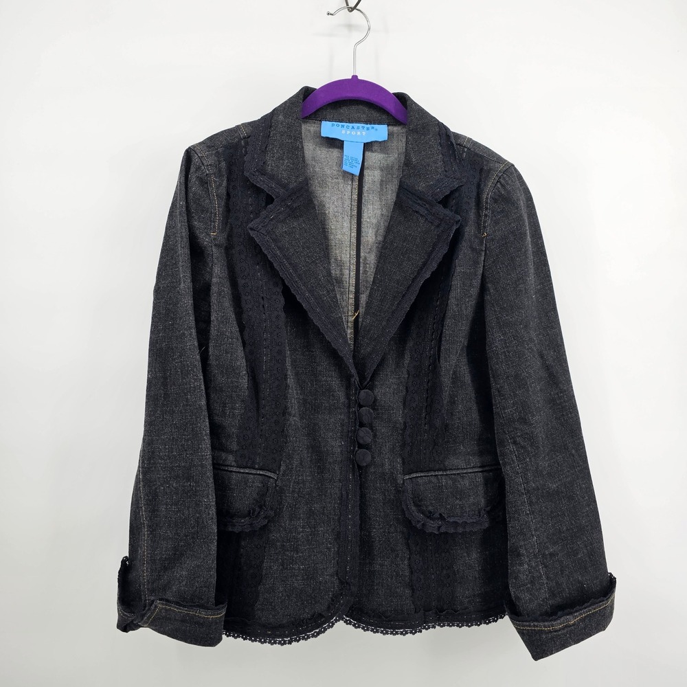 Doncaster Sport Denim Blazer Women 8 Black Lace Trim Stretch Cotton Jacket